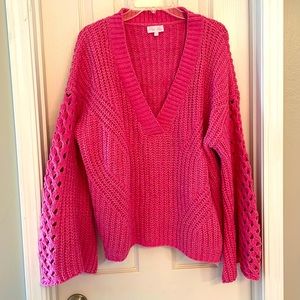 Pink Lily hot pink crochet sweater with bell sleeves. Size L.